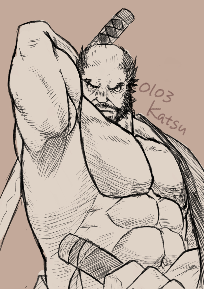 1boy abs armpits bald_spot bara bare_pectorals beard brown_theme connected_beard facial_hair final_fantasy final_fantasy_xiv frown full_beard greyscale_with_colored_background hadanugi_dousa holding holding_sword holding_weapon incoming_attack katsu_7518 large_pectorals looking_at_viewer male_focus muscular muscular_male mustache pectorals roegadyn ronin sanpaku solo strongman_waist sword thick_eyebrows tsurime upper_body warrior_of_light_(ff14) weapon