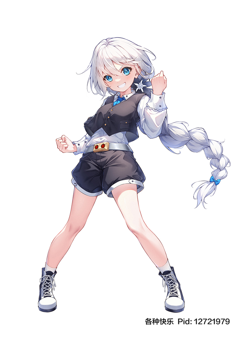 1girl aged_down apc556_(girls'_frontline) belt black_shorts black_vest blue_bow blue_eyes blue_necktie bow clenched_hands collared_shirt commission flower ge_zhong_kuaile girls'_frontline hair_between_eyes hair_bow hair_flower hair_ornament long_hair long_sleeves looking_at_viewer multicolored_footwear necktie open_mouth pixiv_commission pixiv_id pixiv_username shirt shoes shorts simple_background smile socks solo standing vest white_background white_bow white_flower white_hair white_shirt