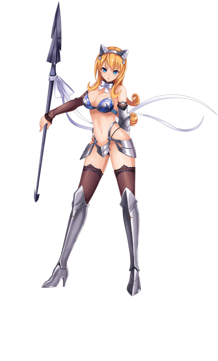 1girl arm_armor armor bare_shoulders bikini_armor blonde_hair blue_eyes boots breasts cleavage closed_mouth detached_sleeves dot_nose elina_(queen's_blade) full_body hair_between_eyes high_heel_boots high_heels highres holding holding_polearm holding_weapon large_breasts leg_armor navel official_art polearm queen's_blade queen's_blade_limit_break queen's_blade_unlimited revealing_clothes shadow_tracker_elina sidelocks simple_background sleeves_past_wrists solo spear standing stomach thighhighs transparent_background weapon