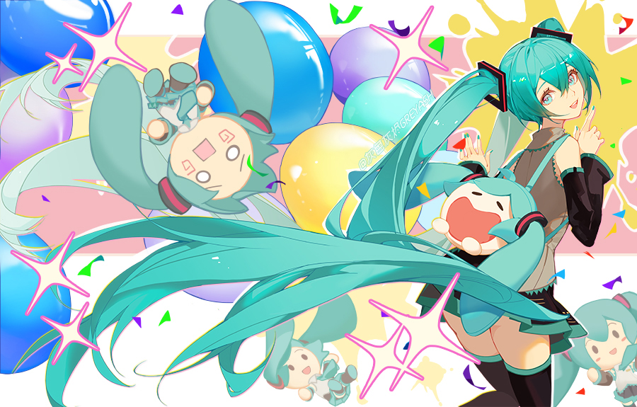 1girl aqua_eyes aqua_hair backpack bag black_skirt black_sleeves black_thighhighs character_bag commentary detached_sleeves english_commentary grey_shirt hatsune_miku head_tilt indai_(3330425) long_hair looking_at_viewer looking_back multicolored_background open_mouth pink_background pointing pointing_up shirt skirt sleeveless sleeveless_shirt smile sparkle speech_bubble splatter thighhighs twintails very_long_hair vocaloid white_background yellow_background