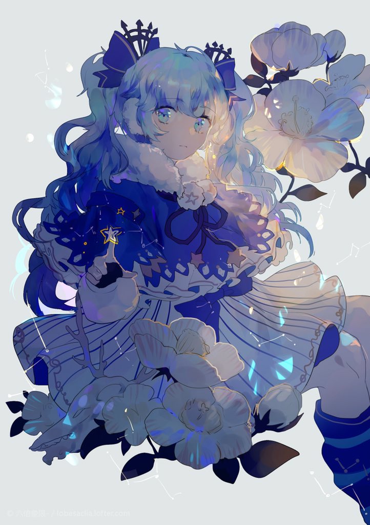 1girl ahoge black_gloves blue_eyes blue_hair blunt_bangs bow bowtie capelet closed_mouth constellation earmuffs eyelashes feet_out_of_frame fingerless_gloves flower flower_request frown fur_scarf gloves hair_bow hatsune_miku light_particles lobelia_(saclia) long_hair long_sleeves looking_at_viewer miniskirt pom_pom_(clothes) puffy_long_sleeves puffy_sleeves purple_bow purple_bowtie purple_capelet purple_leg_warmers scarf simple_background skirt solo star_(symbol) striped striped_leg_warmers striped_skirt twintails vertical-striped_skirt vertical_stripes vocaloid waist_bow wavy_hair white_background white_flower white_scarf white_skirt white_sleeves winter_clothes