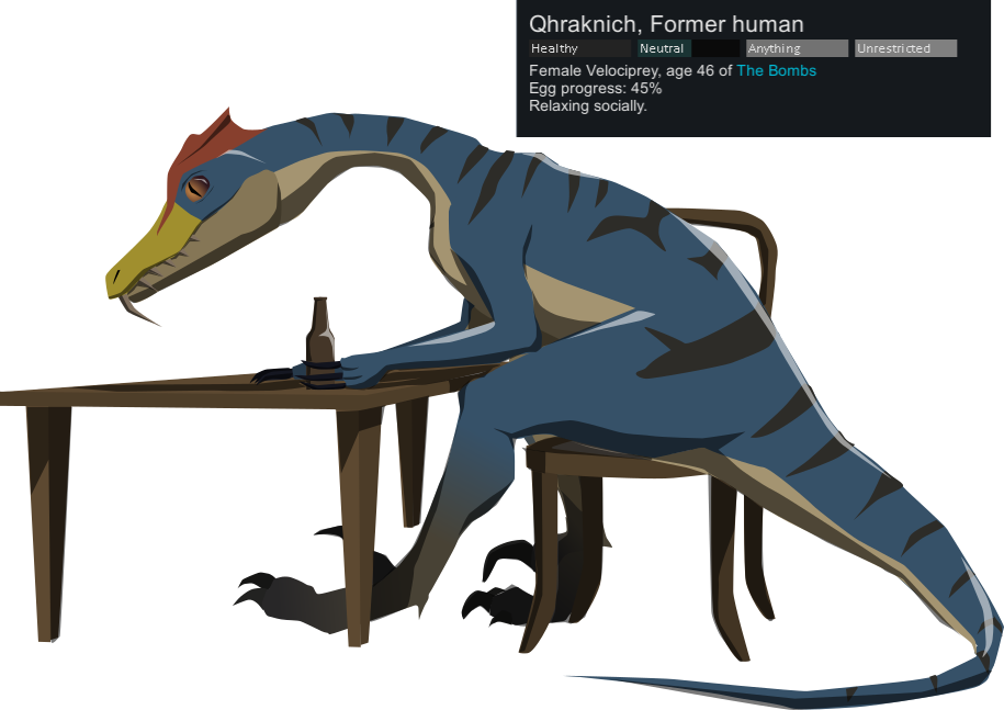 after_transformation alcohol asg_alligator beer beverage bird_wyvern capcom chair claws drinking female feral furniture head_crest markings monster_hunter nude pregnant pupils scales sharp_teeth sickle_claw sitting slit_pupils solo striped_markings stripes table teeth text_box tongue tongue_out velociprey