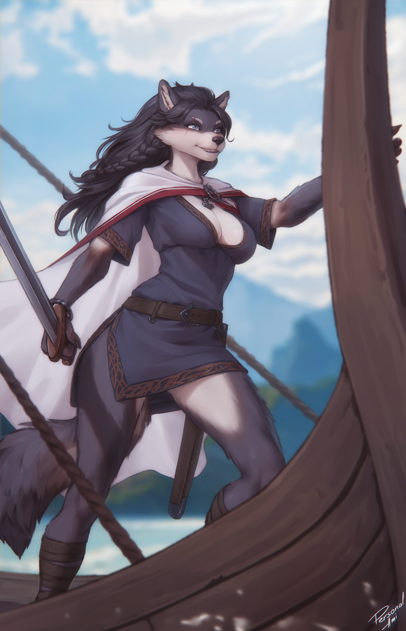 2024 5_fingers anthro blue_eyes braided_hair breasts canid canine canis cleavage cloak clothed clothing cloud countershade_torso countershading einarr_(personalami) eye_scar facial_scar female fingers fully_clothed fur grey_body grey_fur grey_hair hair hi_res holding_object holding_sword holding_weapon inner_ear_fluff mammal melee_weapon mountain personalami scar sky smile solo standing sword teeth tuft water weapon wolf