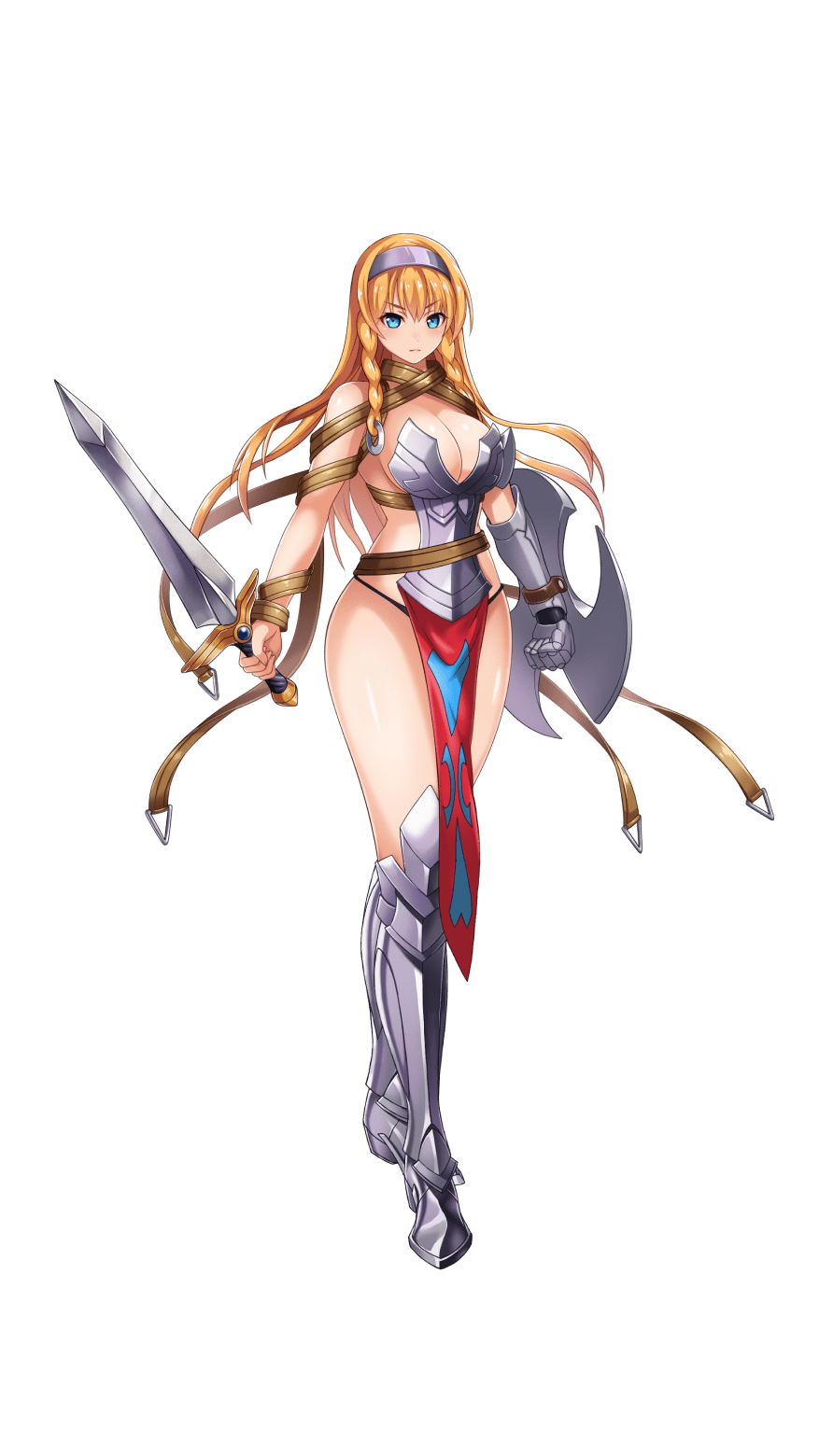 1girl arm_armor armor blonde_hair blue_eyes braid breasts cleavage closed_mouth full_body gauntlets greaves hair_between_eyes hairband highres holding holding_sword holding_weapon large_breasts leg_armor leina_(queen's_blade) leina_(queen's_blade_unlimited) long_hair looking_at_viewer official_art queen's_blade queen's_blade_limit_break queen's_blade_unlimited solo standing sword thighs transparent_background weapon