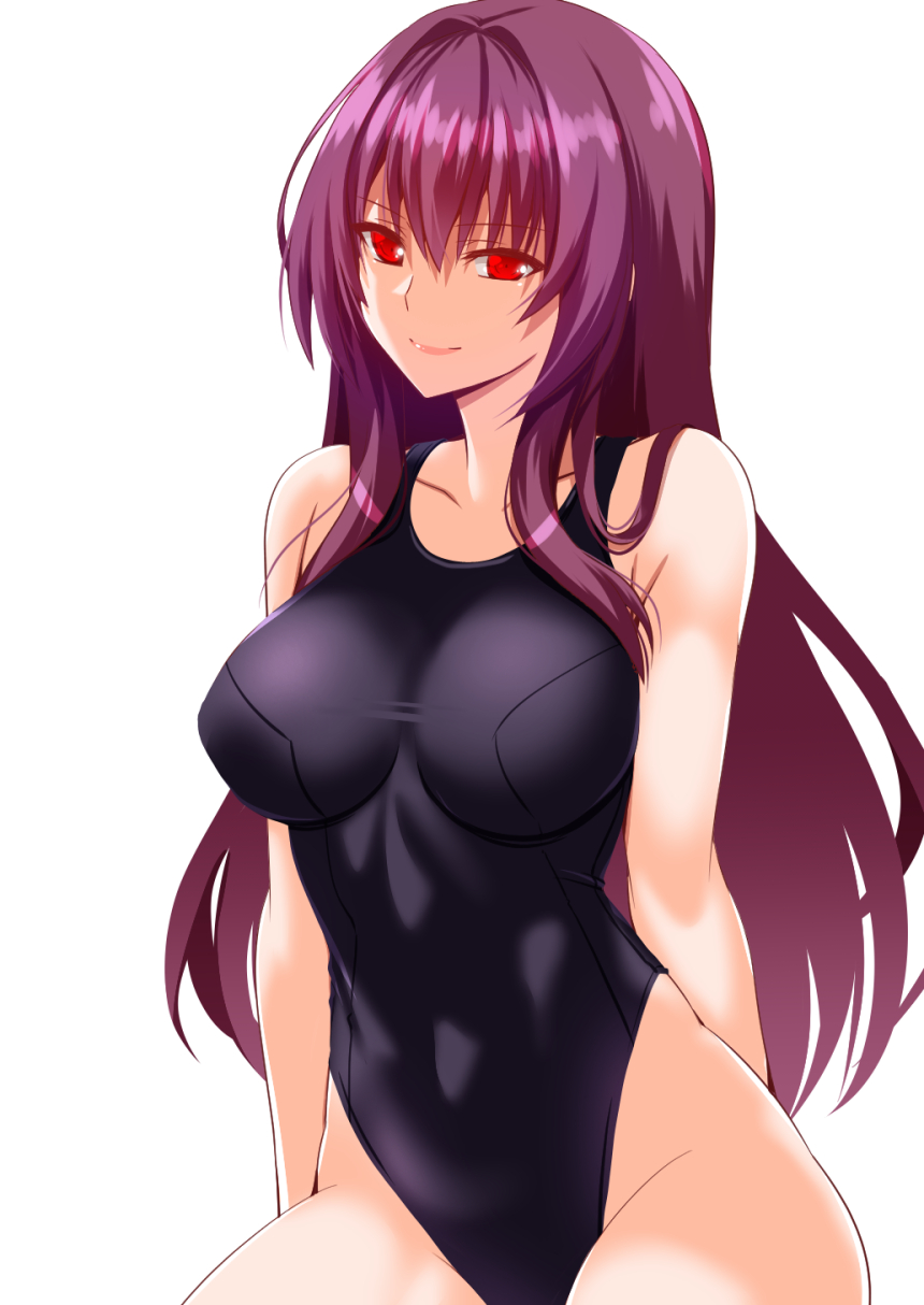 1girl alternate_costume bare_shoulders black_one-piece_swimsuit breasts collarbone commentary_request covered_navel engo_(aquawatery) fate/grand_order fate_(series) hair_between_eyes hair_intakes highleg highleg_swimsuit highres large_breasts lips long_hair one-piece_swimsuit pink_lips purple_hair red_eyes scathach_(fate) simple_background smile solo swimsuit thighs very_long_hair white_background
