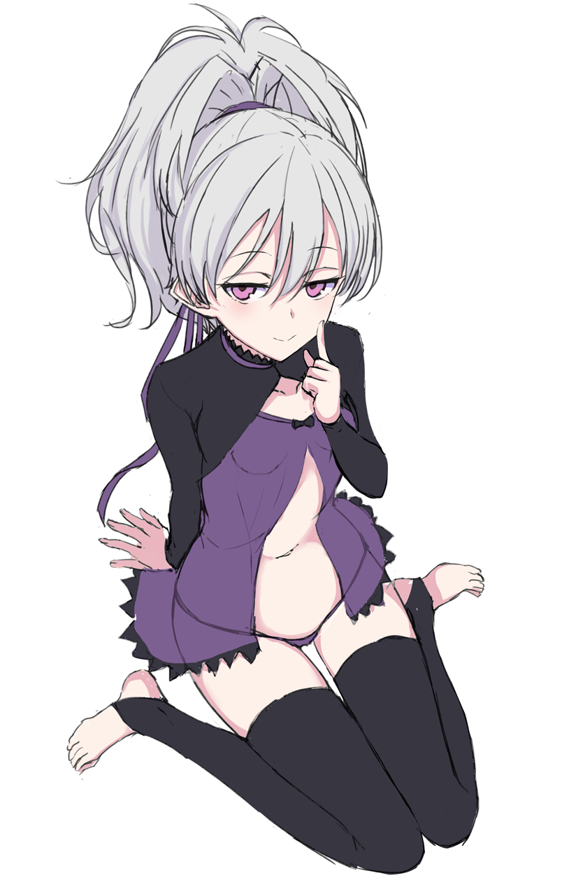 1girl babydoll barefoot blush collarbone commentary_request darker_than_black grey_hair highres lingerie long_sleeves looking_at_viewer nonono_(mino) panties ponytail purple_eyes purple_panties simple_background sitting solo thighhighs underwear wariza yin_(darker_than_black)