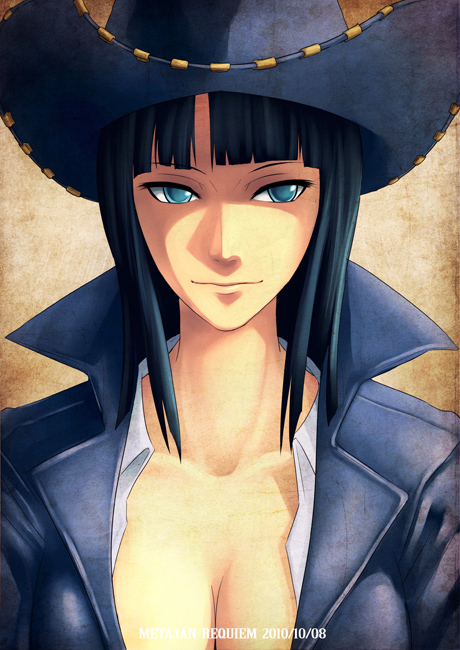 black_hair blue_eyes breasts cleavage hat kei-suwabe large_breasts nico_robin one_piece solo