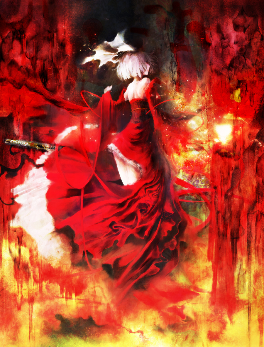 dress from_behind iori_yakatabako katana konpaku_youmu red short_hair solo sword touhou weapon white_hair