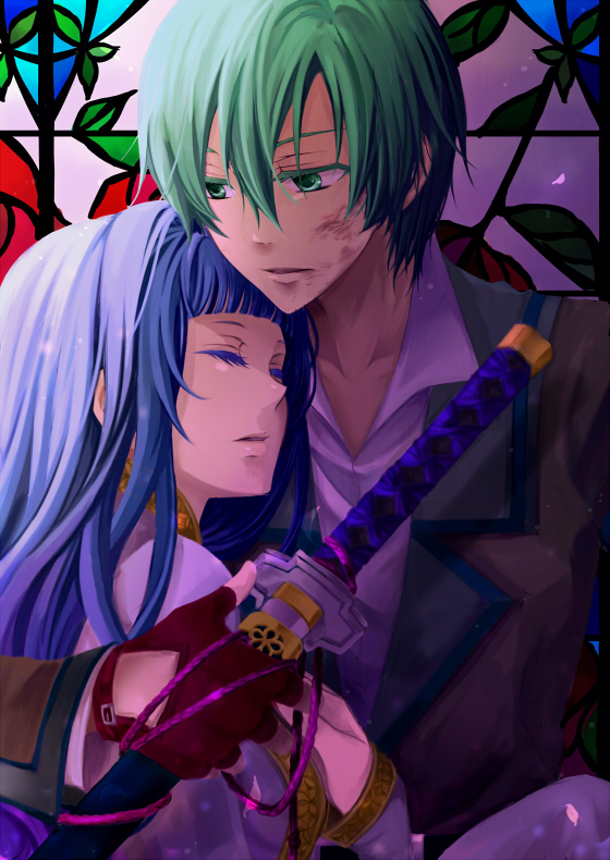 1girl ange_serena blue_hair couple fingerless_gloves gloves green_eyes green_hair hetero ichihara_misaki katana long_hair short_hair spada_belforma sword tales_of_(series) tales_of_innocence weapon