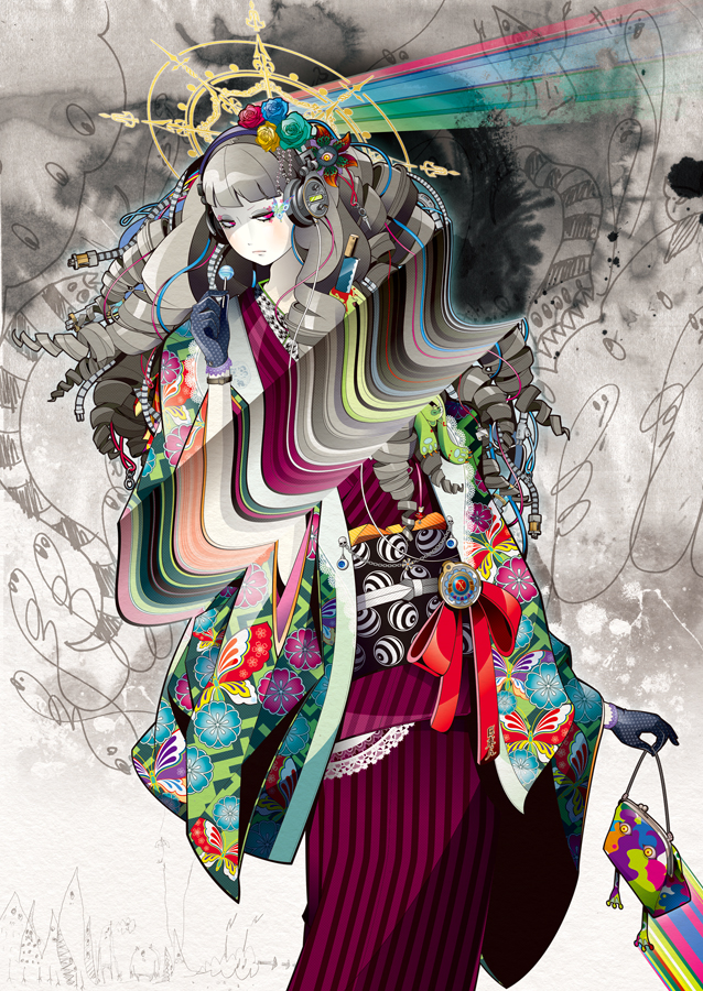 bad_id bad_pixiv_id candy colorful drill_hair electric_plug food gloves grey_hair headphones hiroyuki_takahashi japanese_clothes kimono lollipop original solo