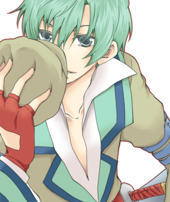 fingerless_gloves gloves green_hair hat male_focus silver_eyes solo spada_belforma tales_of_(series) tales_of_innocence white_background you_(kimito)
