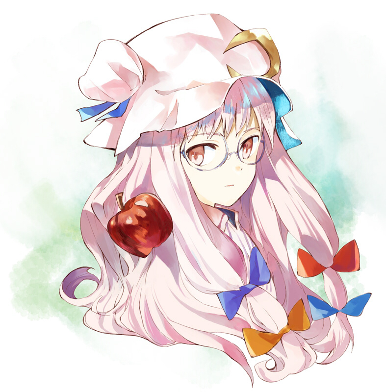 apple bespectacled expressionless food fruit glasses hat long_hair ogawa_maiko patchouli_knowledge pink_hair red_eyes solo staring touhou upper_body