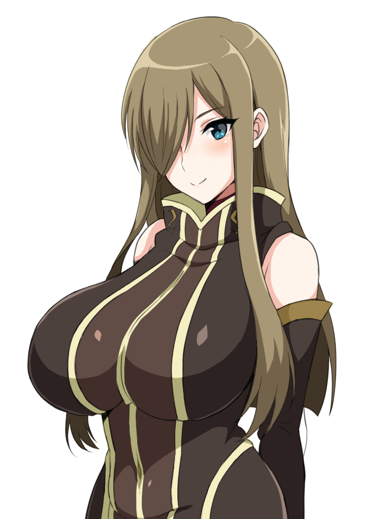 1girl arms_behind_back bare_shoulders black_dress blue_eyes blush breasts brown_hair closed_mouth covered_navel cowboy_shot detached_sleeves dress hair_over_one_eye large_breasts long_hair looking_at_viewer sidelocks simple_background skin_tight sleeveless sleeveless_dress smile solo standing tales_of_(series) tales_of_the_abyss tawashi1623 tear_grants