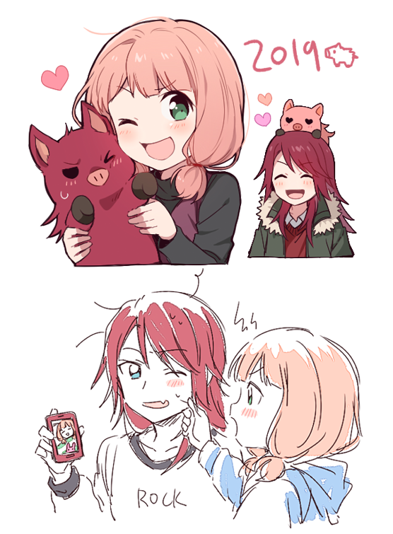 &gt;_o 2019 2girls ;d ^_^ animal animal_on_head bang_dream! bangs black_shirt blue_eyes blush boar cellphone cheek_pinching chinese_zodiac closed_eyes clothes_writing eyes_closed fur-trimmed_hood green_eyes green_jacket heart holding holding_animal holding_phone hood hood_down hooded_jacket hoodie jacket long_hair looking_at_another low_twintails multiple_girls multiple_views on_head one_eye_closed open_mouth phone pinching re_ghotion red_hair shirt simple_background sketch smartphone smile twintails udagawa_tomoe uehara_himari white_background year_of_the_pig