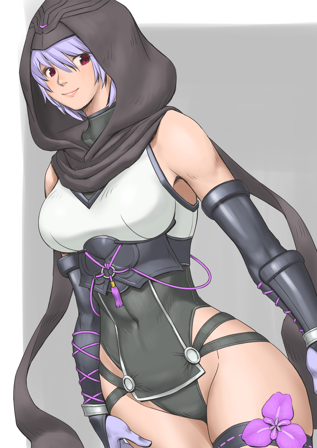 1girl arm_guards armor ayane_(doa) bangs bare_shoulders bodysuit breasts closed_mouth covered_navel dead_or_alive dead_or_alive_6 elbow_gloves flower gloves highres hood hood_up medium_breasts ninja pink_flower purple_hair red_eyes shigenobu simple_background smile solo standing thigh_strap