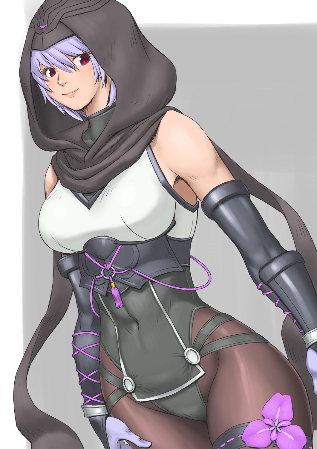 1girl arm_guards armor ayane_(doa) bangs bare_shoulders black_legwear bodysuit breasts closed_mouth covered_navel dead_or_alive dead_or_alive_6 elbow_gloves flower gloves highres hood hood_up medium_breasts ninja pantyhose pink_flower purple_hair red_eyes shigenobu simple_background smile solo standing thigh_strap