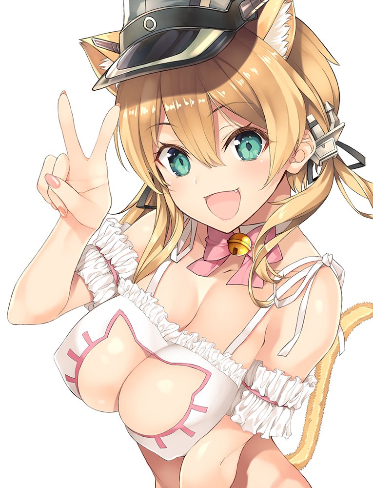 1girl anchor_hair_ornament animal_ears aqua_eyes bell bell_collar blonde_hair bra breasts cat_cutout cat_ears cat_lingerie cat_tail cleavage cleavage_cutout collar commentary_request fang fang_out frilled_armband frilled_bra frills hair_ornament hat inuzumi_masaki kantai_collection large_breasts looking_at_viewer medium_hair meme_attire peaked_cap prinz_eugen_(kantai_collection) ribbon smile tail twintails underwear v