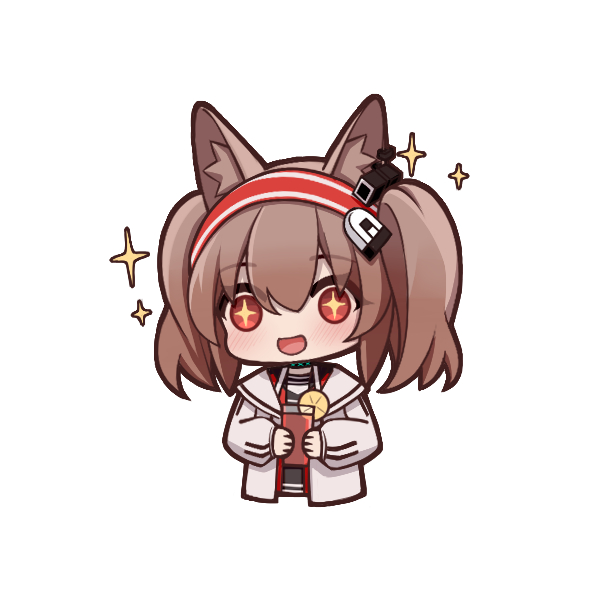 +_+ 1girl :d angelina_(arknights) animal_ears arknights black_collar black_shirt brown_hair chibi collar cropped_torso cup drink earpiece food fox_ears fruit hairband happy holding holding_cup holding_drink infection_monitor_(arknights) jacket lemon lemon_slice long_hair lxjun_09 open_clothes open_jacket open_mouth red_eyes red_hairband shirt simple_background smile solo sparkle striped striped_hairband twintails upper_body white_background white_jacket