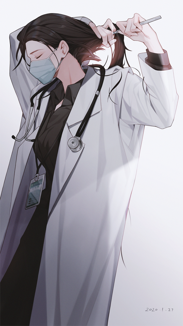 1girl arms_up bangs black_shirt breasts closed_eyes coat cutting_hair doctor from_side holding km2o4 mask original shirt simple_background solo stethoscope white_background white_coat