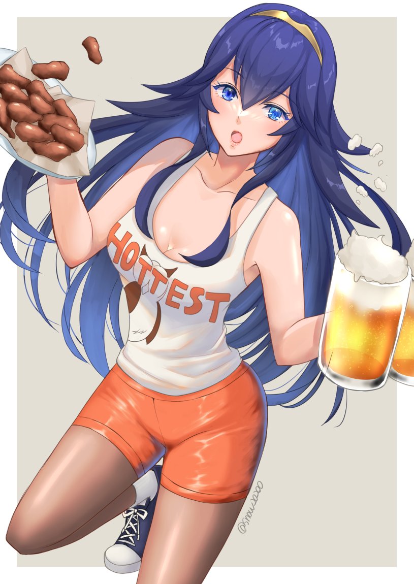 1girl alcohol alternate_costume bangs beer blue_eyes blue_hair blush breasts cleavage clothes_writing cup employee_uniform fire_emblem fire_emblem_awakening hair_between_eyes hooters long_hair looking_at_viewer lucina_(fire_emblem) mug open_mouth pantyhose short_shorts shorts simple_background snow20200 solo symbol-shaped_pupils tank_top tiara uniform waitress
