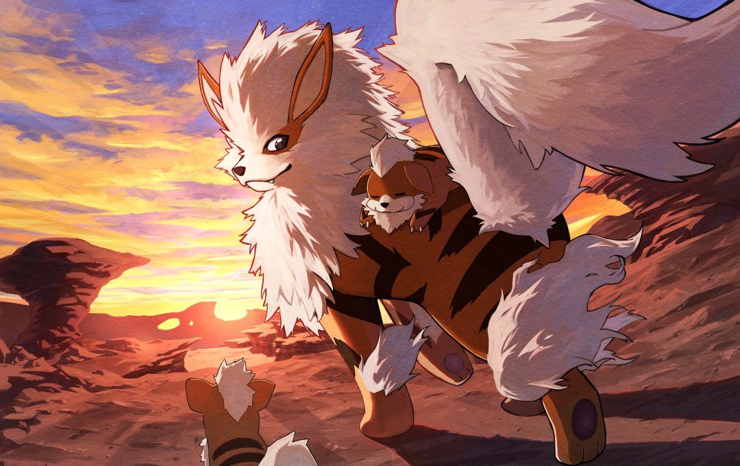 arcanine black_eyes closed_mouth cloud commentary_request desert evolutionary_line fangs fangs_out growlithe killert_0401 looking_back no_humans outdoors pokemon pokemon_(creature) sky smile standing twilight