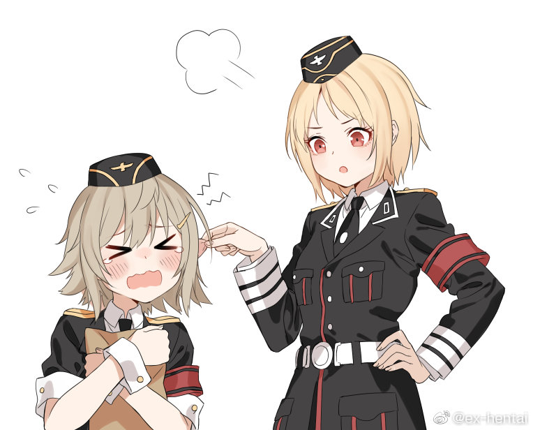 &gt;_&lt; 2girls blonde_hair blush brown_hair closed_eyes commentary_request ear_pull file flying_sweatdrops girls'_frontline haijin hat military military_hat military_uniform mp40_(girls'_frontline) mp41_(girls'_frontline) multiple_girls necktie open_mouth pinching uniform wavy_mouth wehrmacht