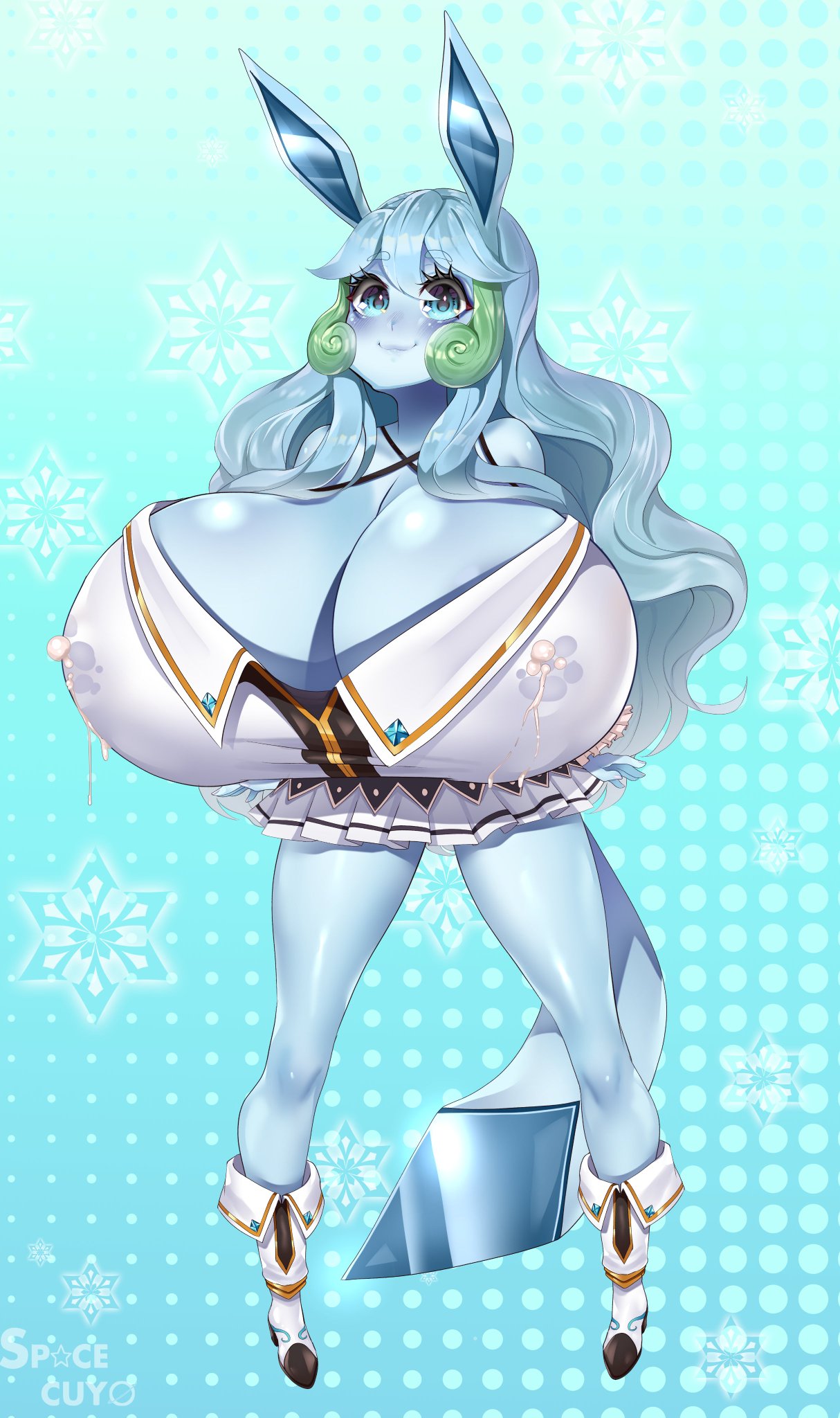 big_breasts blue_background blue_blush blue_body blue_eyes blue_hair blue_tail bodily_fluids bottomwear breasts cleavage clothed clothing curved_horn digital_media_(artwork) eeveelution female footwear glaceon green_horn hair hi_res horn huge_breasts humanoid hyper hyper_breasts lactating mammal milk nintendo open_mouth pok&eacute;mon pok&eacute;mon_(species) shirt shoes simple_background skirt snowflake solo spacecuyo topwear video_games whimsicott white_bottomwear white_clothing white_footwear white_shirt white_shoes white_skirt white_topwear