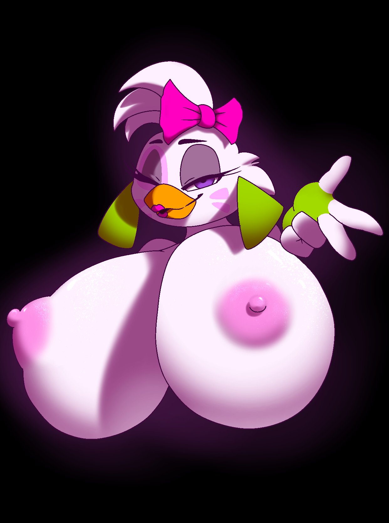accessory anthro areola avian beak big_breasts bird blue_eyes breasts bust_portrait chicken female five_nights_at_freddy's five_nights_at_freddy's:_security_breach galliform gallus_(genus) glamrock_chica_(fnaf) hair_accessory hair_ribbon hi_res huge_breasts hyper hyper_breasts lipstick looking_at_viewer makeup nipples non-mammal_breasts one_eye_closed phasianid pink_nipples portrait ribbons rime_the_vixen scottgames solo video_games white_body wink