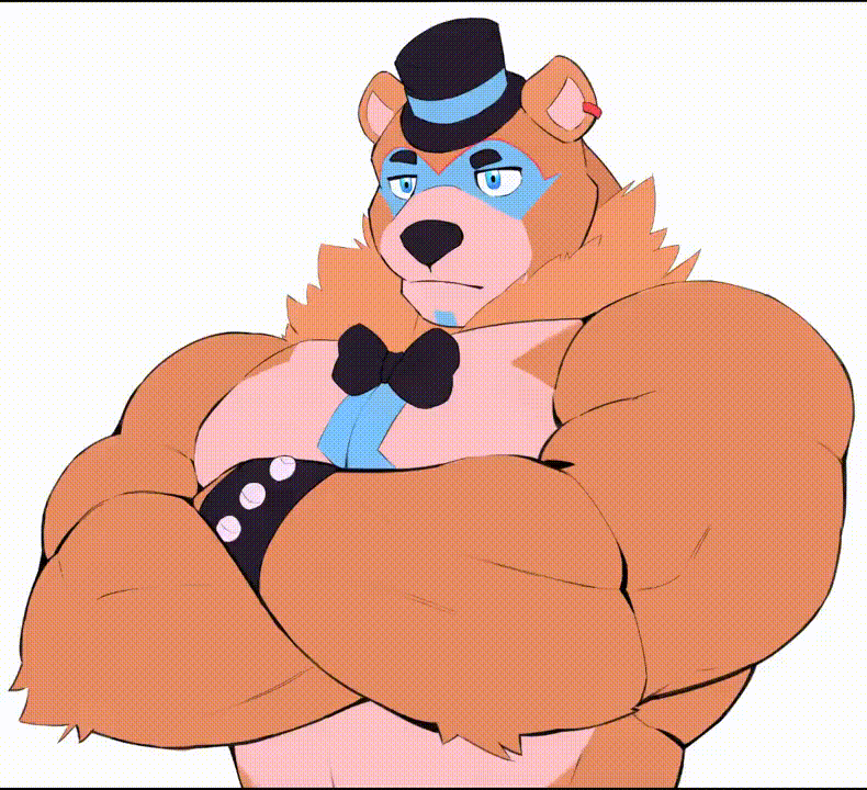 &lt;3 0rnix 2022 2d_animation animated anthro biceps big_muscles blep blinking blush bodily_fluids bow_tie bracelet clothed clothing crossed_arms cute_expression dialogue dialogue_box disembodied_hand ear_piercing ear_ring emanata english_text eyebrows facial_markings five_nights_at_freddy's five_nights_at_freddy's:_security_breach frown fur glamrock_freddy_(fnaf) hat head_markings headgear headwear jewelry looking_at_viewer loop male mammal markings muscular muscular_anthro muscular_male open_mouth pecs petting piercing question_mark scottgames short_playtime smile solo spiked_bracelet spikes sweat sweatdrop talking_to_viewer teeth text tongue tongue_out top_hat topless topless_anthro topless_male tuft ursid video_games