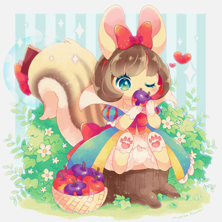 &lt;3 1:1 accessory anthro apple basket blush brown_body brown_fur brown_hair clothed clothing container dress duel_monster eating fairy_tail-snow female fur hair hair_accessory hair_bow hair_ribbon mammal mugita_konomi one_eye_closed pawpads plant ribbons rodent sciurid shrub sitting solo striped_body stripes tree_squirrel tree_stump yu-gi-oh