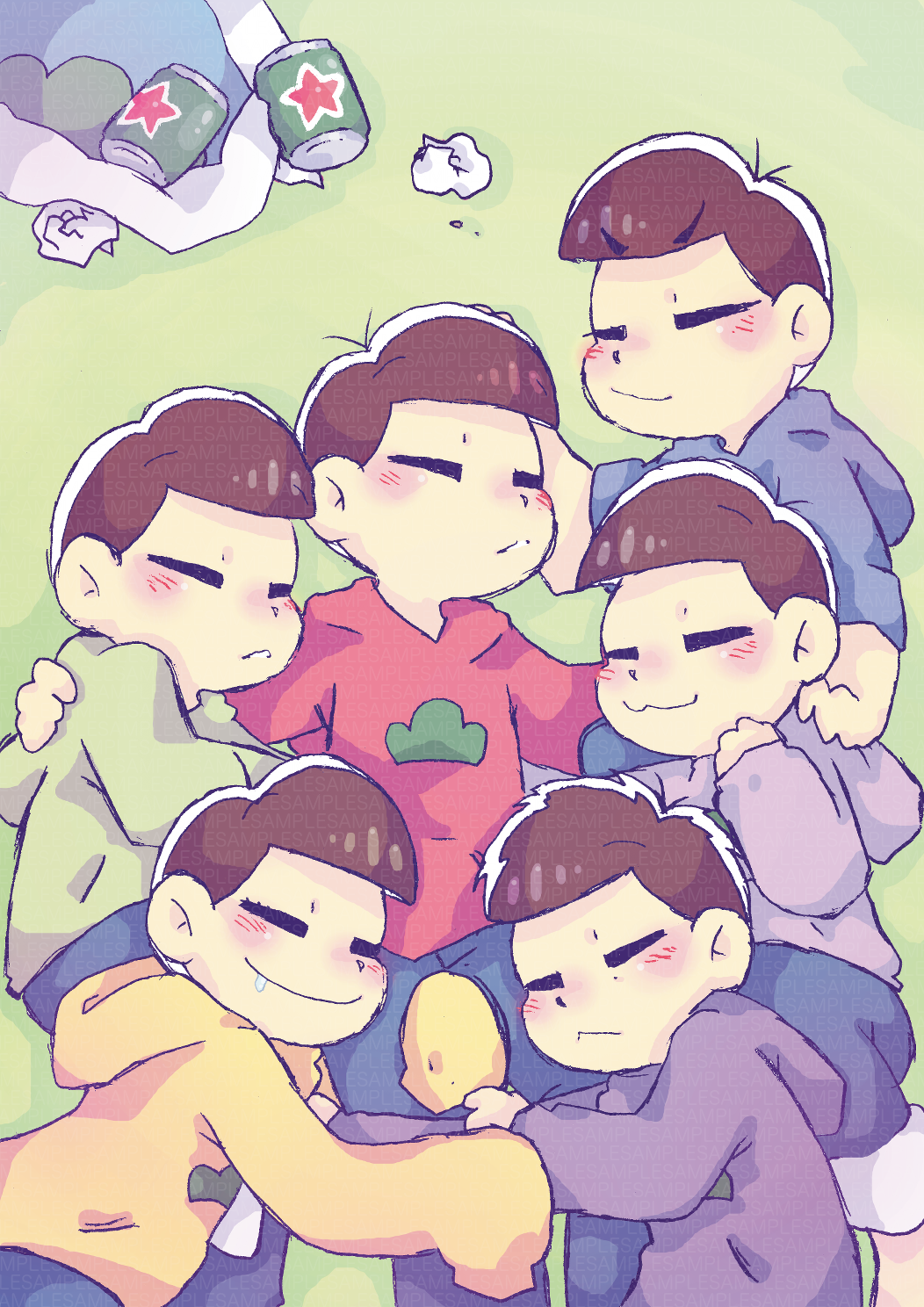 6+boys akhts beer_can blue_sweater blush brown_hair can closed_eyes closed_mouth denim english_commentary family grass green_sweater heineken highres hood hood_down hug jeans long_sleeves lying matsuno_choromatsu matsuno_ichimatsu matsuno_jyushimatsu matsuno_karamatsu matsuno_osomatsu matsuno_todomatsu multiple_boys on_back osomatsu-san outdoors pants pink_sweater purple_sweater red_sweater short_hair sleeping sleeves_past_fingers sleeves_past_wrists sweater very_short_hair yellow_sweater