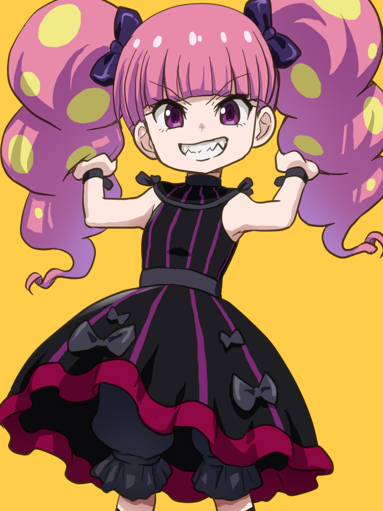 1girl awa bakugan:_battle_planet black_dress bloomers bow china_riot dress hair_bow long_hair looking_at_viewer purple_eyes purple_hair sharp_teeth simple_background smile solo teeth twintails underwear