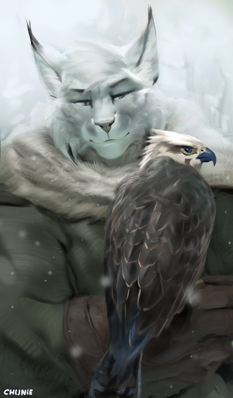 2022 anthro avian beak bird black_eyebrows blue_eyes chunie clothed clothing detailed_background digital_media_(artwork) eyebrows falcon falconid falconry falconry_glove feathers felid feline feral fur grey_eyes hi_res looking_aside looking_at_another lynx male mammal outside snow snowing solo white_body white_fur winter winter_clothing winter_coat