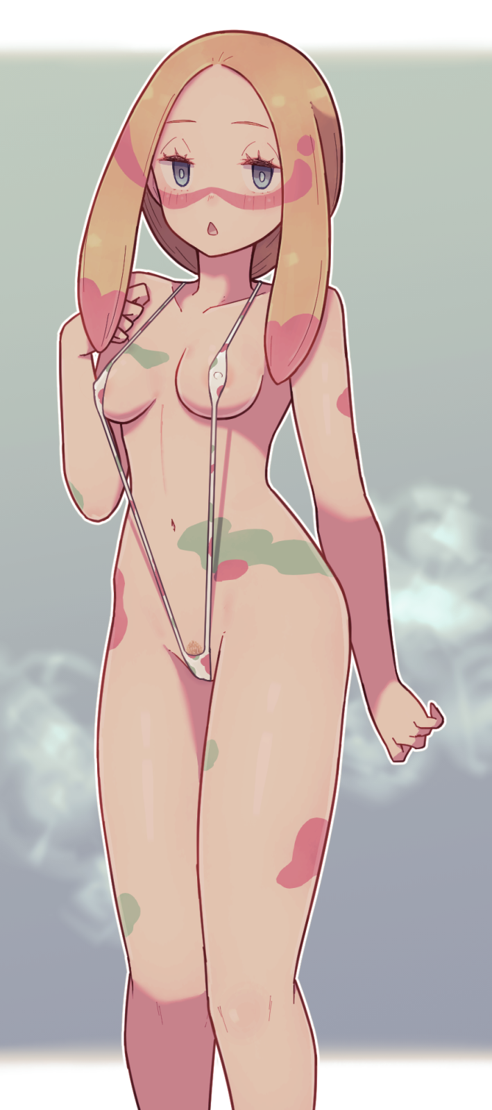 1girl :o areolae blonde_hair blue_eyes blush bodypaint breasts chestnut_mouth covered_nipples facepaint feet_out_of_frame female_pubic_hair forehead hand_up highres lamb-oic029 looking_at_viewer mina_(pokemon) multicolored_clothes multicolored_hair multicolored_swimsuit navel paint pink_hair pokemon pokemon_(game) pokemon_sm pubic_hair slingshot_swimsuit small_breasts solo stomach swimsuit two-tone_hair white_swimsuit