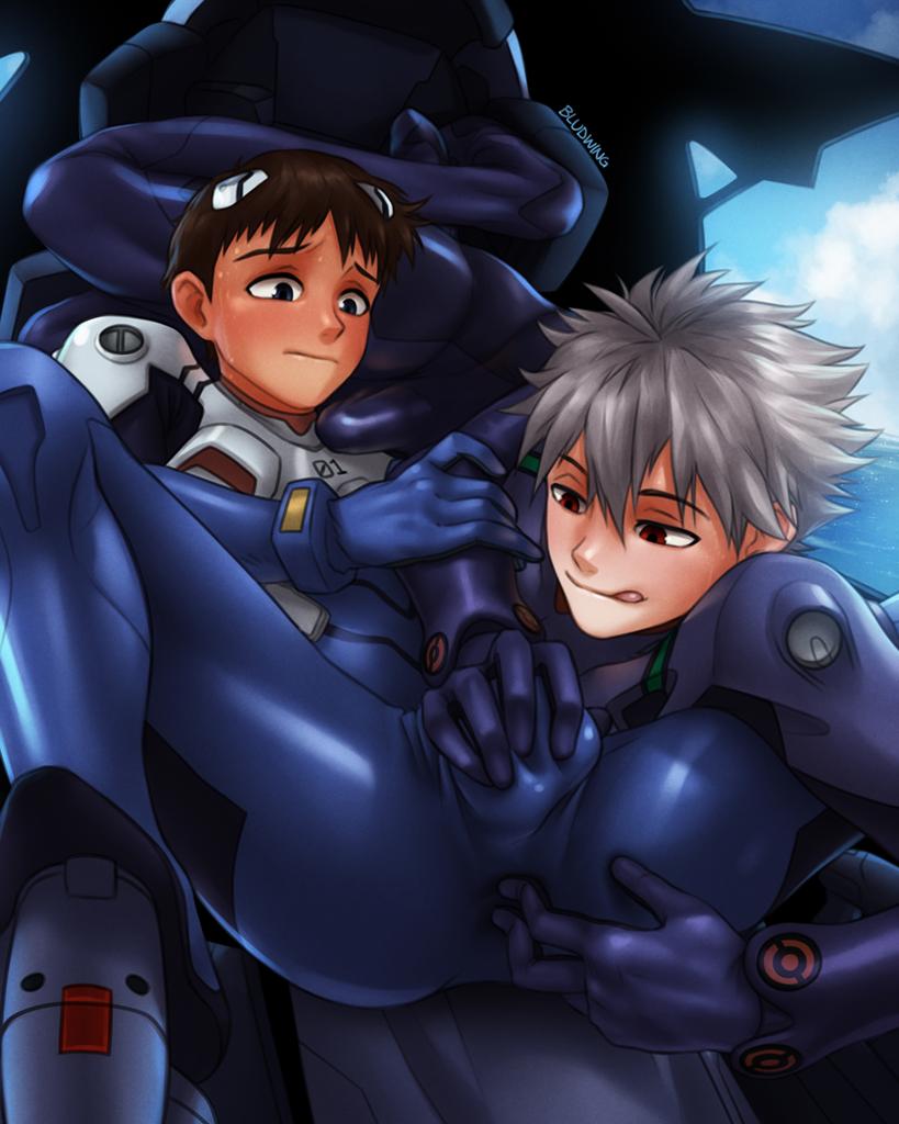 2boys bludwing blush bodysuit bulge erection erection_under_clothes grey_hair ikari_shinji male_focus multiple_boys nagisa_kaworu neon_genesis_evangelion plugsuit short_hair spread_legs tongue tongue_out touching yaoi