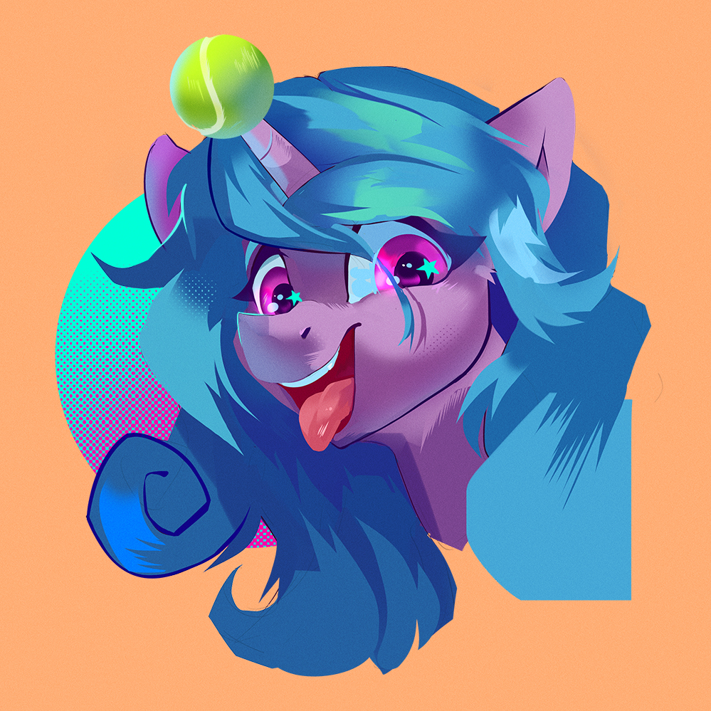 ball blue_hair bust_portrait equid equine female hair hasbro horn izzy_moonbow_(mlp) jazzynsfw mammal mlp_g5 my_little_pony open_mouth open_smile portrait purple_body purple_eyes smile solo teeth tennis_ball tongue tongue_out unicorn