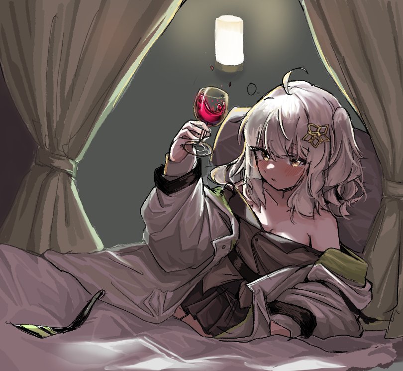 1girl ahoge alcohol arknights arm_support bangs bare_shoulders black_shirt black_skirt blanket blush breasts brown_eyes cleavage clothes_pull coat collarbone commentary_request cup curtains drink drinking_glass eyebrows_visible_through_hair hair_ornament holding holding_cup korean_commentary long_hair long_sleeves looking_at_viewer lying miniskirt off_shoulder on_back on_bed one_side_up open_clothes open_coat parted_lips pillow polyvora scene_(arknights) shirt shirt_pull skirt small_breasts solo under_covers white_coat white_hair wine wine_glass