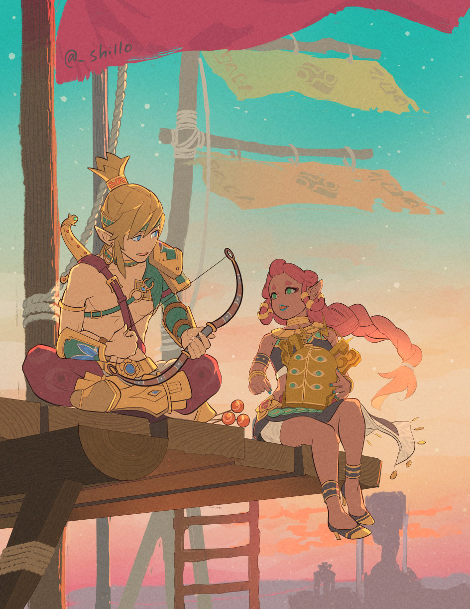 1boy 1girl abs armlet asymmetrical_clothes baggy_pants blonde_hair blue_eyes blue_lips blue_nails bow_(weapon) bracelet braid braided_ponytail child dark-skinned_female dark_skin desert_voe_set_(zelda) detached_sleeves dusk gerudo green_eyes helmet highres holding holding_bow_(weapon) holding_helmet holding_weapon indian_style jewelry link long_hair looking_at_another neck_ring observation_deck outdoors pants peacock_feathers pectorals pointy_ears red_hair red_pants red_sky riju scimitar shillo shoulder_plates sitting skirt sky star_(sky) starry_sky sunset sword the_legend_of_zelda the_legend_of_zelda:_breath_of_the_wild tower_viewer twilight very_long_hair weapon weapon_on_back