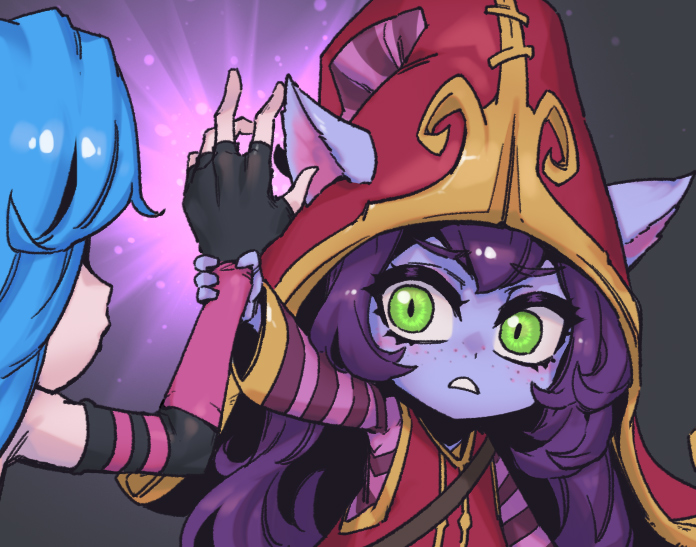 2girls black_gloves colored_skin dress elbow_gloves fingerless_gloves freckles gloves green_background green_eyes green_hair hat holding_another's_wrist jinx_(league_of_legends) large_hat league_of_legends long_hair lulu_(league_of_legends) multiple_girls parted_lips phantom_ix_row pink_background pink_shirt pouty_lips purple_hair red_dress shiny shiny_hair shirt striped striped_shirt striped_sleeves teeth yordle