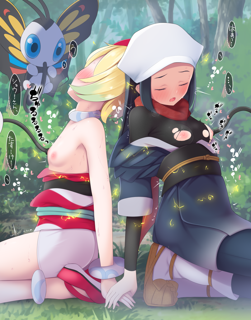 2girls akari_(pokemon) anklet beautifly black_hair blonde_hair blush bodystocking bracelet breast_sucking breasts closed_eyes clothes_pull forest galaxy_expedition_team_survey_corps_uniform grass head_scarf holding_hands irida_(pokemon) jewelry kneeling long_hair multiple_girls nature neck_ring nipple_tweak nipples obi obijime off_shoulder open_mouth paralyzed pokemon pokemon_(creature) pokemon_(game) pokemon_legends:_arceus red_scarf red_shirt saliva sash scarf sfry0323 shirt shirt_pull short_hair short_shorts shorts small_breasts torn_bodystocking torn_clothes tree white_headwear white_shorts