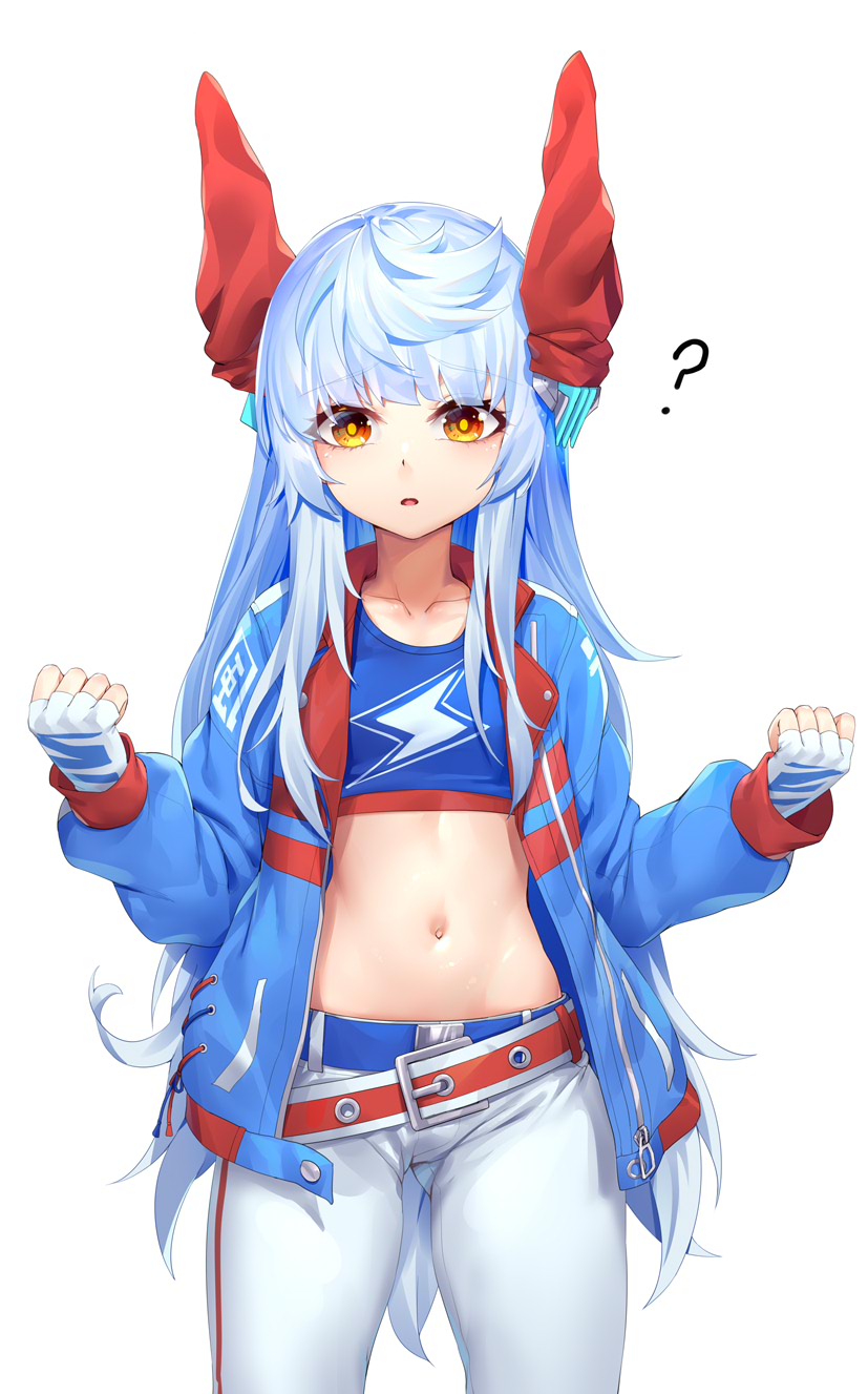 1girl ? belt blue_hair blue_jacket breasts brown_eyes cosplay cowboy_shot crop_top fingerless_gloves gloves headgear highres jacket le_fantasque_(warship_girls_r) long_hair long_sleeves midriff navel open_clothes open_jacket pants ray_(pixiv9514208) red_belt simple_background small_breasts solo standing tamamo_cross_(umamusume) tamamo_cross_(umamusume)_(cosplay) umamusume warship_girls_r white_background white_gloves white_pants