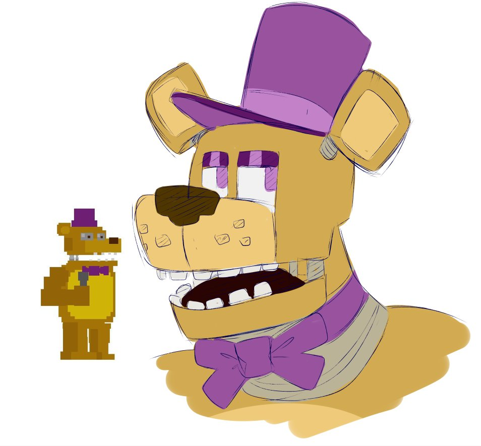 2020 animatronic anthro bored bored_expression brown_nose clothing colored colored_sketch digital_drawing_(artwork) digital_media_(artwork) five_nights_at_freddy's five_nights_at_freddy's_4 freckles fredbear_(fnaf) half-closed_eyes hat headgear headwear looking_aside machine male mammal multicolored_body narrowed_eyes open_mouth purple_bow_tie purple_clothing purple_eyelids purple_eyes purple_hat purple_headwear robot scottgames sketch skkortysoup solo top_hat two_tone_body ursid video_games yellow_body