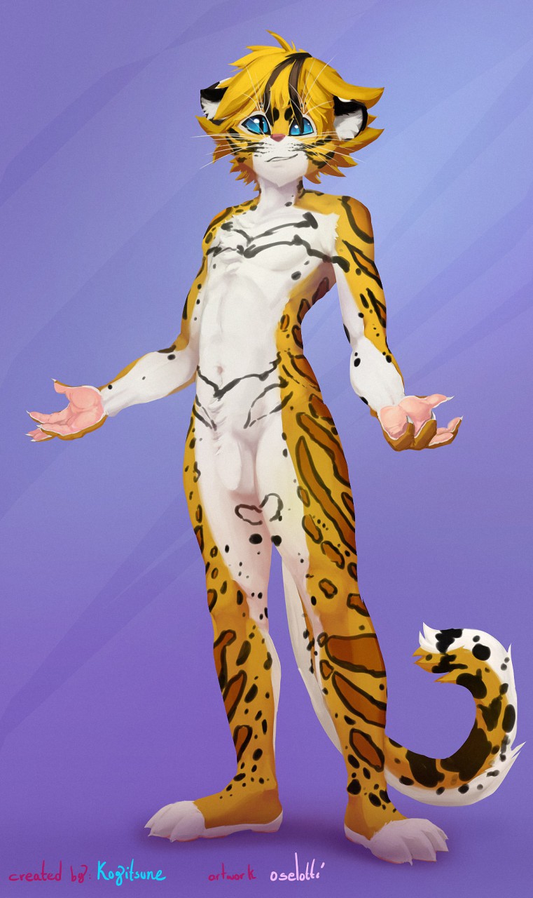anthro balls biped black_body black_ears black_fur black_hair black_spots black_tail blonde_hair blue_eyes brown_body brown_fur brown_spots claws felid finger_claws flaccid front_view fur genitals hair hi_res inner_ear_fluff looking_at_viewer male mammal markings multicolored_hair navel oselotti penis pink_nose plantigrade pupils simple_background slit_pupils smile solo spots spotted_body spotted_fur spotted_markings spotted_tail standing tail_markings tuft two_tone_hair whiskers white_balls white_body white_claws white_ears white_fur white_inner_ear_fluff white_penis white_tail yellow_body yellow_fur yellow_tail