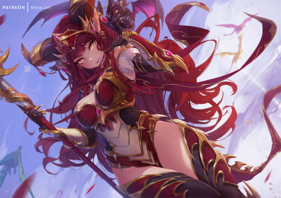 1girl alexstrasza bangs black_gloves blush breasts claw_ring closed_mouth cowboy_shot dragon dragon_horns dutch_angle elbow_gloves floating_hair gloves holding holding_staff horns large_breasts leotard long_hair looking_at_viewer mitsu_(mitsu_art) pointy_ears red_hair red_leotard smile solo staff thighhighs tiara v-shaped_eyebrows vambraces very_long_hair warcraft yellow_eyes