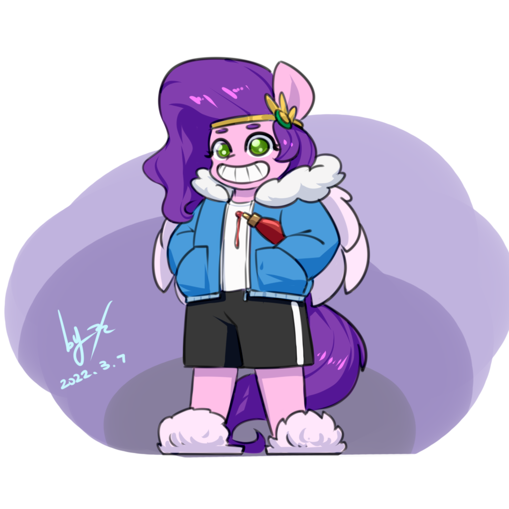 anthro anthrofied bottomwear clothing cosplay crown equid equine eyelashes female food green_eyes hair hand_in_pocket hasbro jacket ketchup looking_at_viewer mammal mlp_g5 my_little_pony my_little_pony:_tell_your_tale ninebuttom pegasus pink_body pipp_petals_(mlp) pockets purple_hair sans_(undertale) shorts signature slippers smile topwear undertale undertale_(series) video_games wings