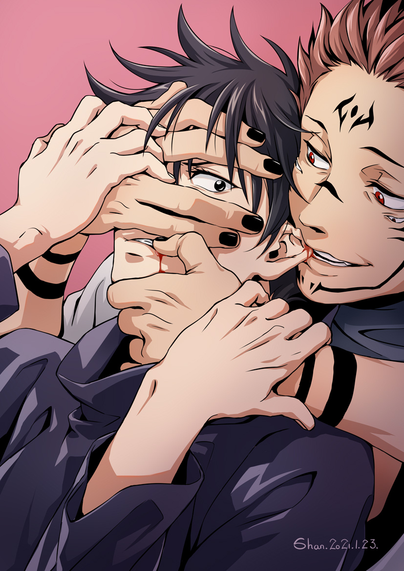 2boys arm_tattoo biting black_hair black_jacket black_nails blood commentary_request covering_face ear_biting extra_eyes facial_tattoo finger_biting fingernails forehead_tattoo fushiguro_megumi green_eyes hand_grab hand_on_another's_face holding_another's_wrist jacket japanese_clothes jujutsu_kaisen kimono long_sleeves looking_at_another male_focus multiple_boys pink_background pink_hair red_eyes ryoumen_sukuna_(jujutsu_kaisen) scarf shan2000 short_hair spiked_hair tattoo teeth undercut white_kimono yaoi