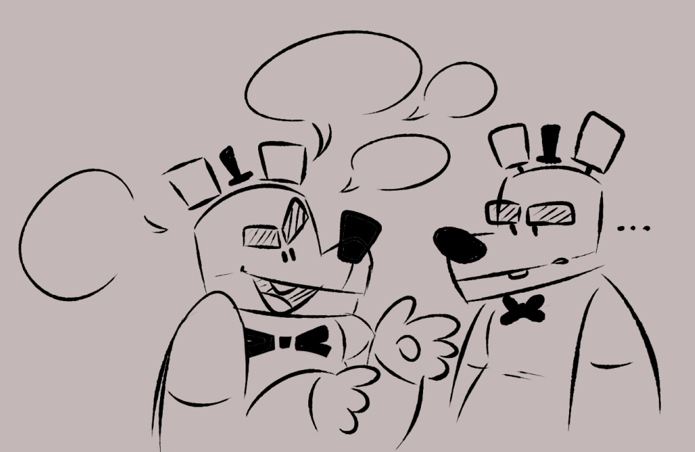 ... 2021 animatronic anthro bow_tie clothing duo eye_contact five_nights_at_freddy's five_nights_at_freddy's_4 fredbear_(fnaf) golden_freddy_(fnaf) hat headgear headwear looking_at_another machine male mammal open_mouth open_smile pawpads raised_arm robot scottgames sketch skkortysoup smile speech_bubble square_crossover talking_to_another top_hat unimpressed ursid ursine video_games