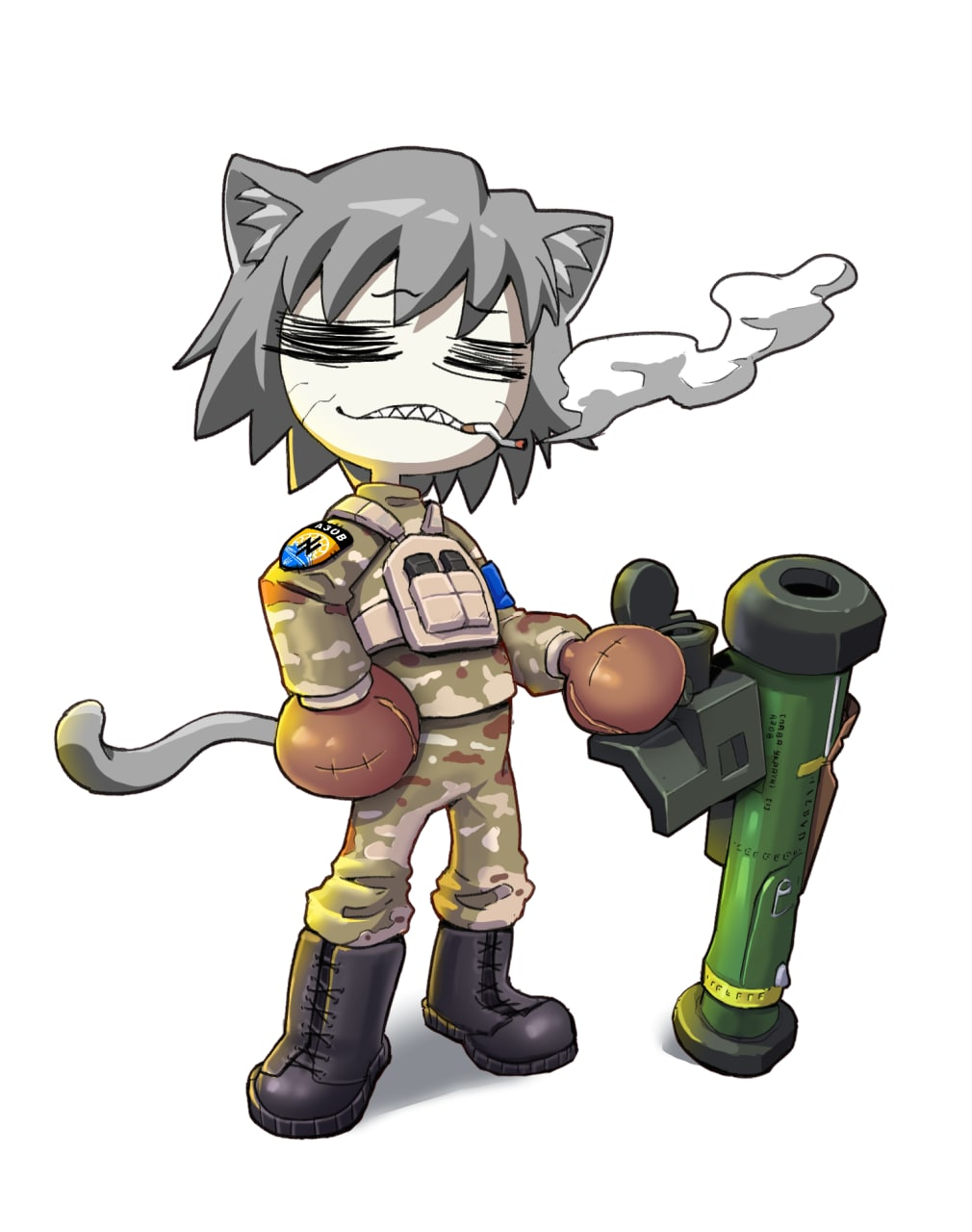 2022 ambiguous_gender animal_humanoid azov_battalion boots bulletproof_vest camo camo_clothing camo_print cat_ears_(disambiguation) cat_humanoid cat_tail cigarette cigarette_in_mouth clothing combat_boots eyes_closed felid felid_humanoid feline feline_humanoid footwear grey_hair hair hi_res humanoid javelin mammal mammal_humanoid military_clothing military_uniform neco-arc_chaos patch_(disambiguation) pattern_clothing politics russo-ukranian_war simple_background smoking solo text ukraine ukrainian_text uniform unknown_artist war white_background