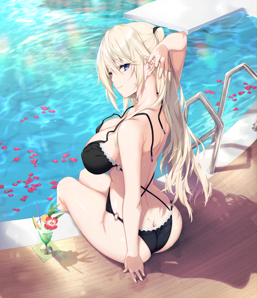 1girl adjusting_hair ass back bangs bare_shoulders black_swimsuit blue_eyes breasts butt_crack casual_one-piece_swimsuit cleavage collarbone commentary_request drink from_behind hair_between_eyes halterneck iizuki_tasuku large_breasts lips long_hair looking_at_viewer looking_back median_furrow one-piece_swimsuit original partially_submerged pool sideboob sitting smile solo swimsuit thighs two_side_up untied_swimsuit very_long_hair