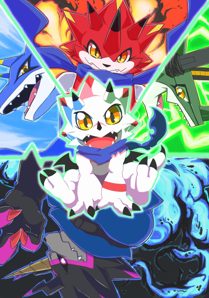 anthro bandai_namco bandanna betelgammamon claws digimon digimon_(species) digimon_ghost_game electricity evolutionary_family fangs fire gammamon group grusgammamon kausgammamon kerchief male mekadouraku scarf wezengammamon wind yellow_eyes